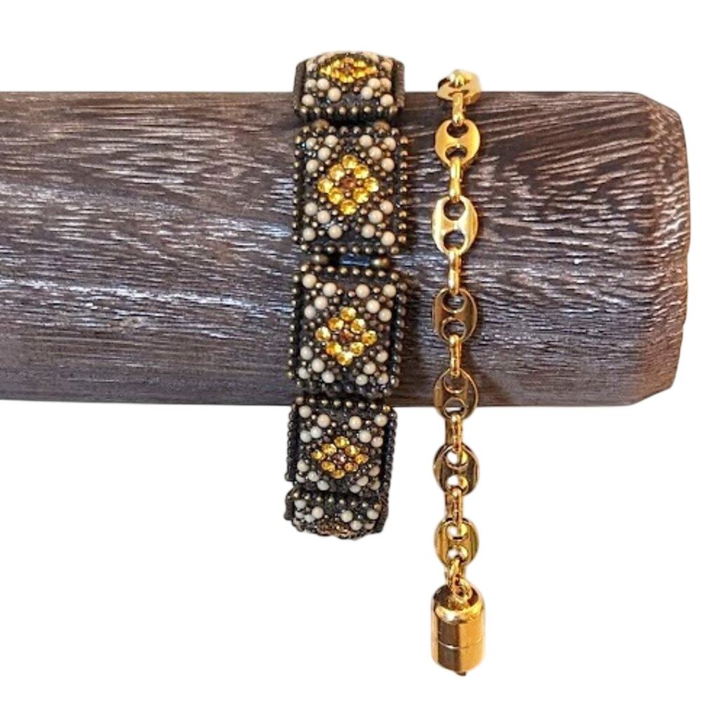 Bronze Rhinestone Beaded Stretch and Gold Tone Magnet Closure Chain Bracelets